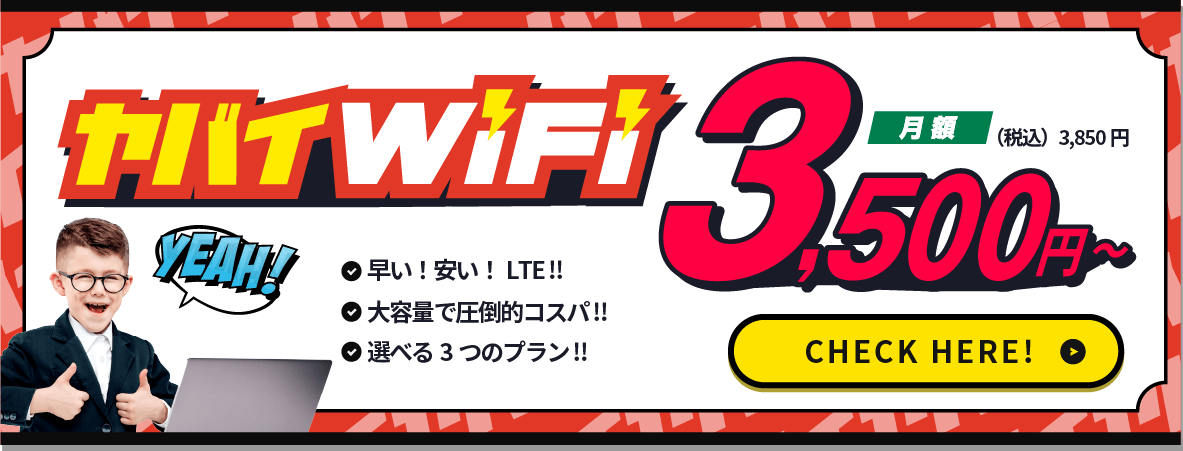 ヤバイWiFi月額3500円〜(税込3,850円)