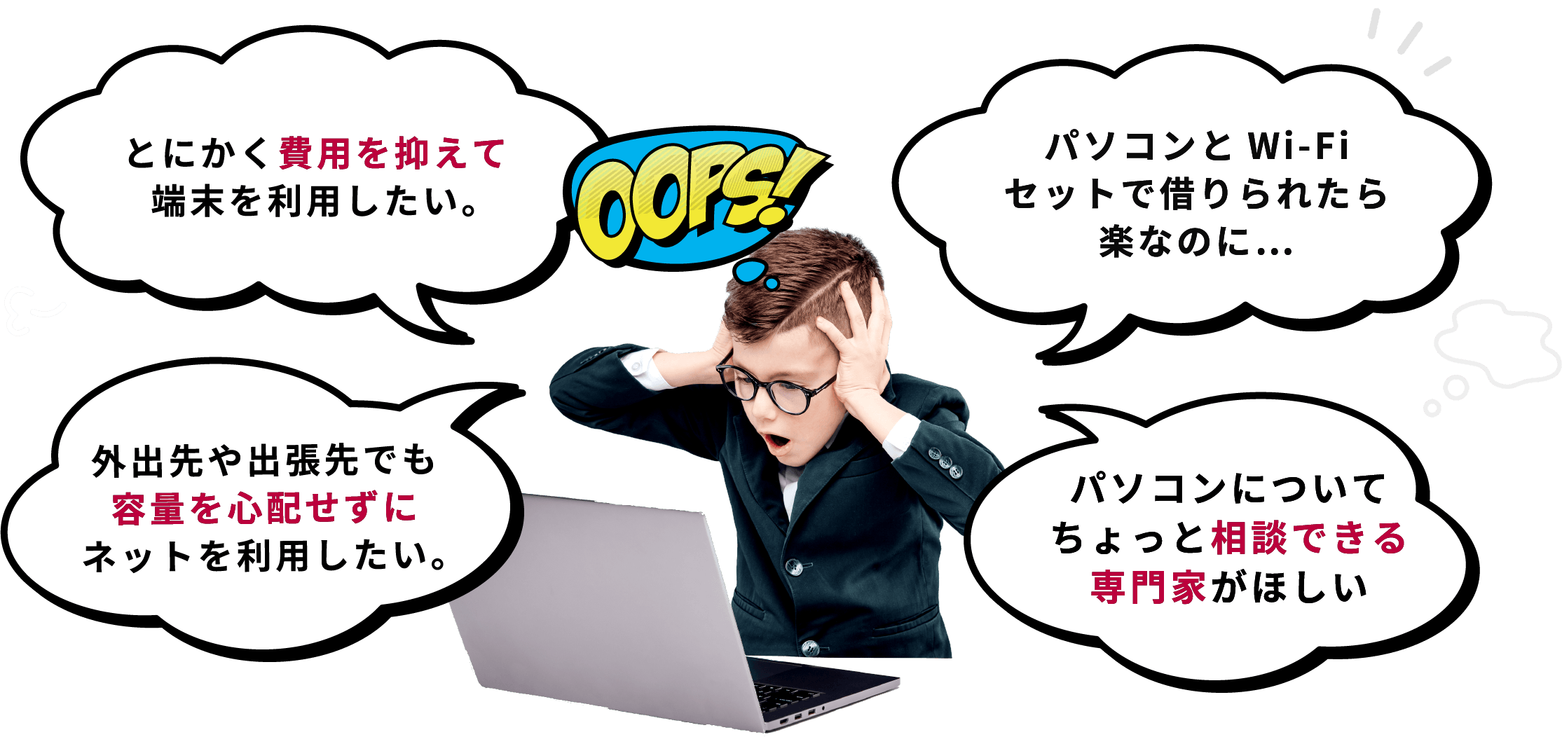 費用を抑えて端末を利用、出先で容量を気にせずネット、パソコンとWi-Fiセットでレンタル希望、パソコン相談の専門家がほしい